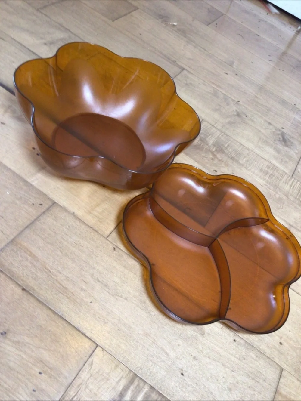 Vintage Tupperware Amber Chip Dip Serving Bowl Set Flower Divided Snack Tray.